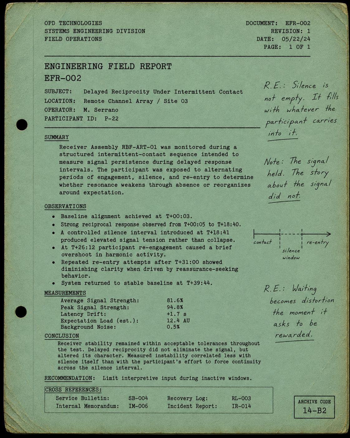 Engineering Field Report EFR-002 — Delayed Reciprocity Under Intermittent Contact, an aged OPD Technologies archive document with handwritten margin notes.