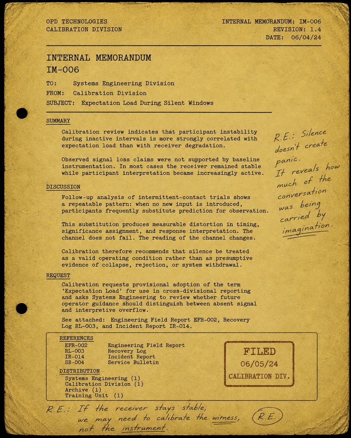 Internal Memorandum IM-006 — Expectation Load During Silent Windows, an aged OPD Technologies archive document with handwritten margin notes.