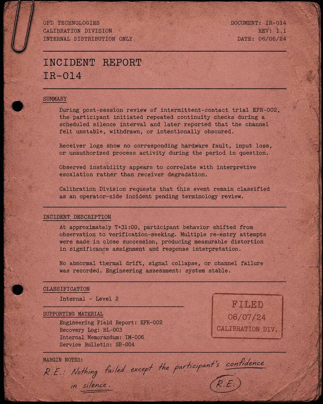 Incident Report IR-014 — Interpretive Escalation During Silent Operation, an aged OPD Technologies archive document with handwritten margin notes.