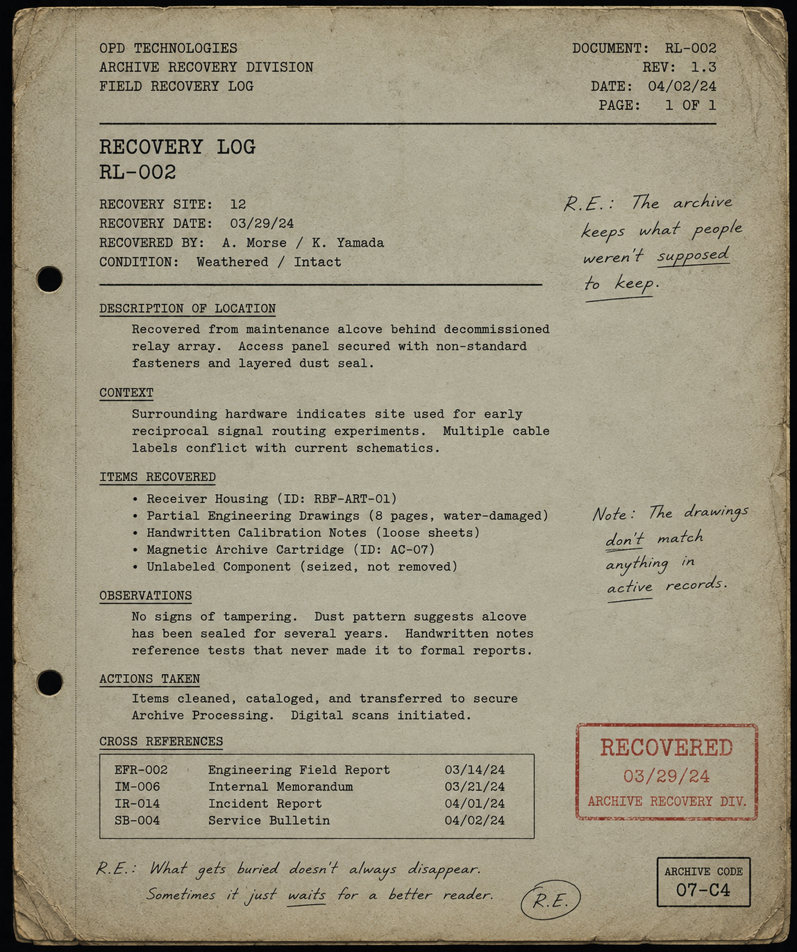 Recovery Log RL-002 — Maintenance Alcove Recovery, an aged OPD Technologies archive document with handwritten margin notes.