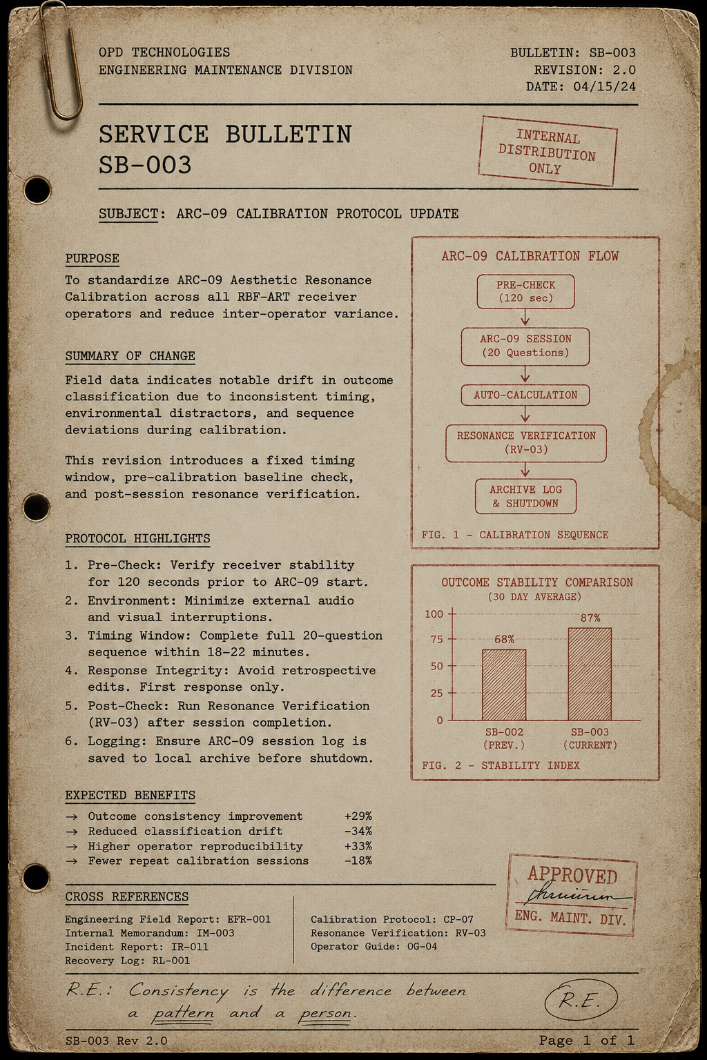 Service Bulletin SB-003 — ARC-09 Calibration Protocol Update, an aged OPD Technologies archive document with handwritten margin notes.